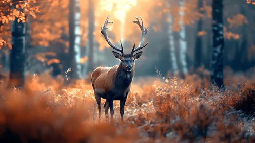 Stag with branching antlers in soft autumn forest light.