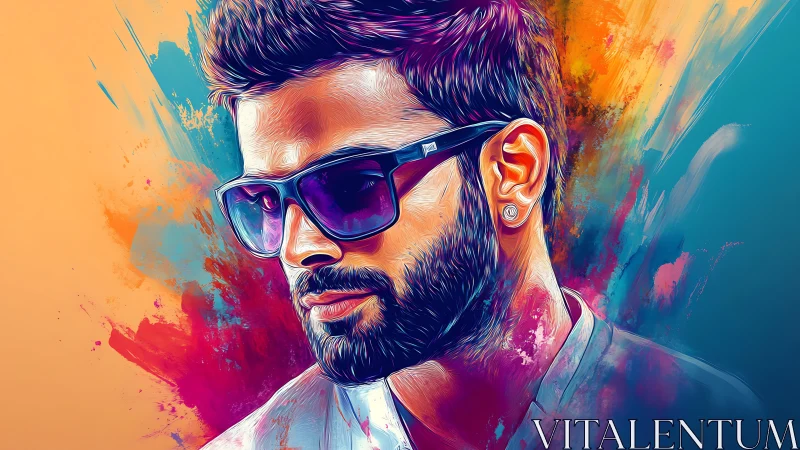 Digital painting portrait with neon gradient splash background.