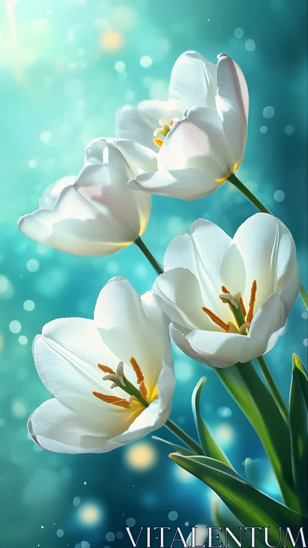 White Tulips with Bokeh on Turquoise Background