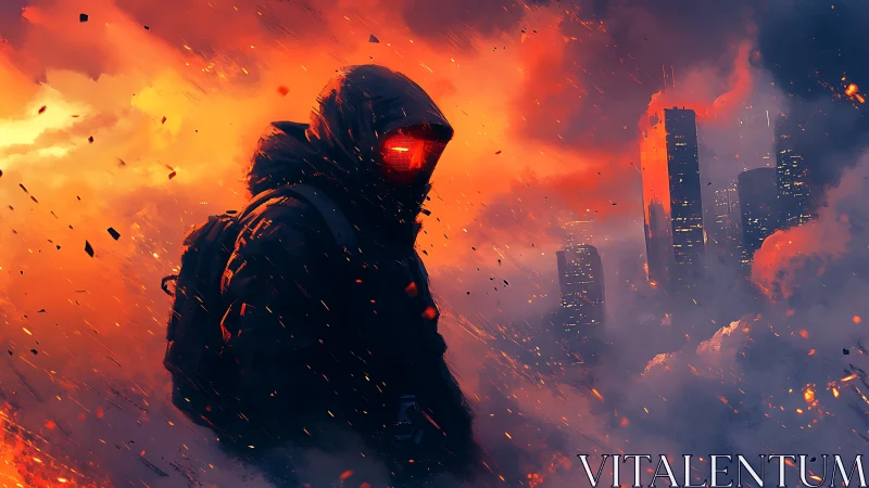 Hooded figure surveys burning futuristic city under ash