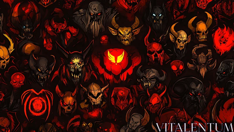 Infernal demon skull collage glows over dense crimson void