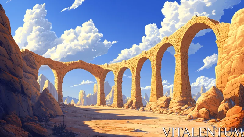 Sunlit stone aqueduct strides boldly across desert sky
