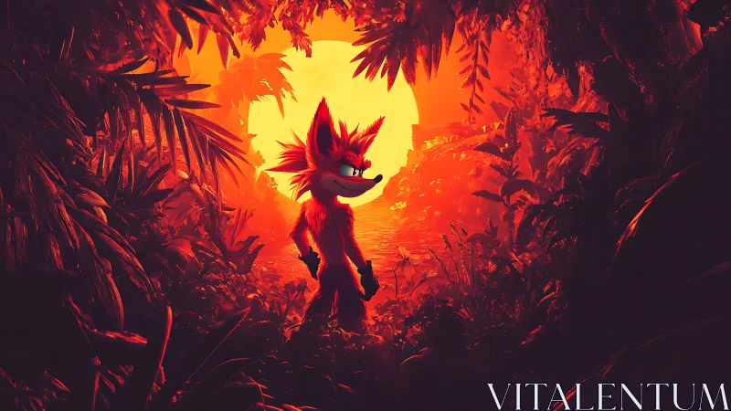Backlit anthropomorphic fox silhouette framed by dense jungle