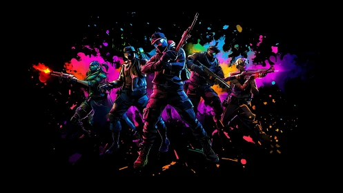 Neon squad of futuristic heroes bursts from splashed color.
