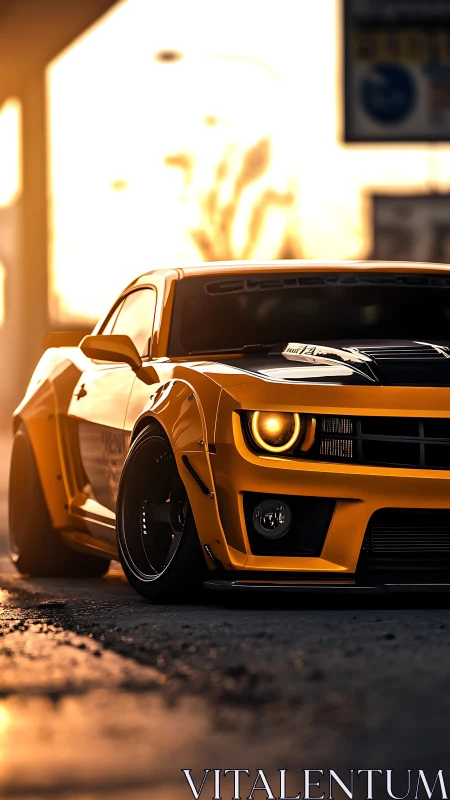 Golden muscle car basking in sunset light and city glow.