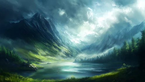 Majestic alpine lake under storm-lit mountain peaks.