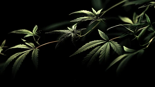 Moody close-up of serrated green leaves in low light.
