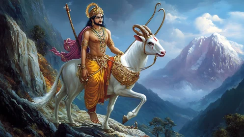 Warrior deity on ornate white ram traverses misty Himalayas