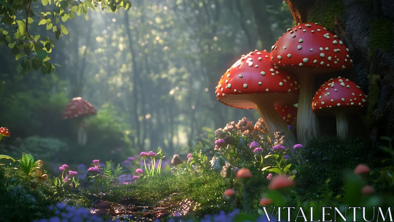 Enchanted red toadstools glow softly in a storybook forest.