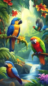 Colorful parrots perch in lush jungle beside bright waterfall