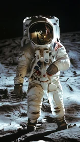 Lunar astronaut in reflective visor under hard rim lighting.