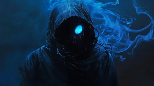 Hooded voidwraith with a burning blue eye in swirling smoke.