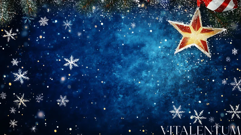 Christmas star ornament hangs over blue snowy background