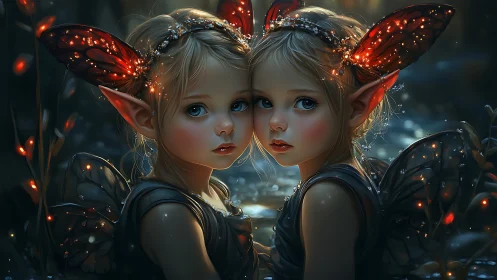 Twin firefly fae children beside a moonlit forest pool.