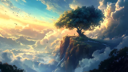 Floating Island with Ancient Tree Among Golden Clouds.
