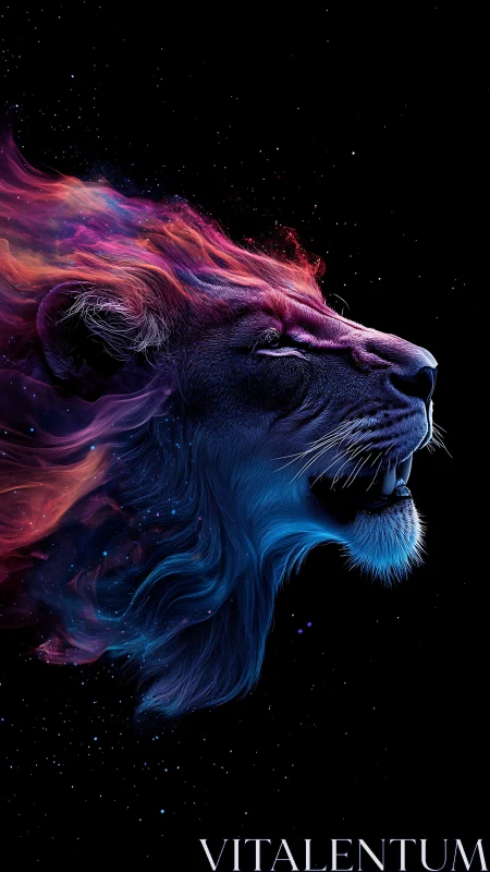 Cosmic lion head roars in neon galaxies on black void