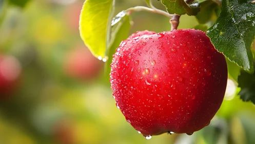 Dew kissed orchard apple glowing in soft morning light.