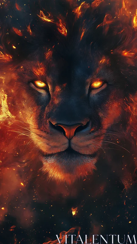 Infernal lion portrait with molten eyes and ember mane.