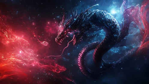Cosmic serpent dragon twists through glowing red nebula.