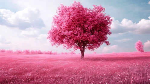 Solitary pink tree dominates surreal infrared meadow landscape