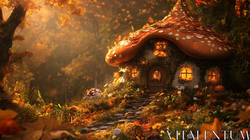 Fairy-tale mushroom cottage glows inside golden autumn forest
