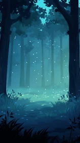 Luminous Forest Escape: Where Fireflies Dance Through Mist.