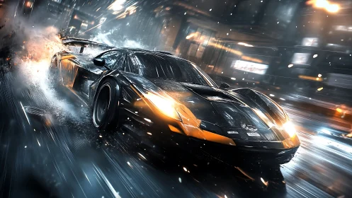 Night-slashed hypercar storms through neon-soaked rainstorm.
