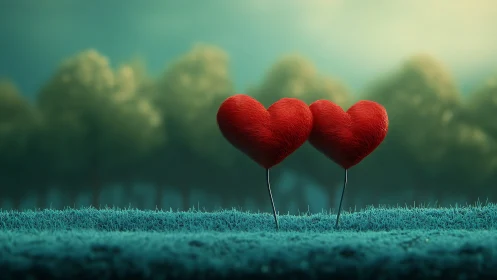 Two red heart-shaped objects positioned in teal landscape setting