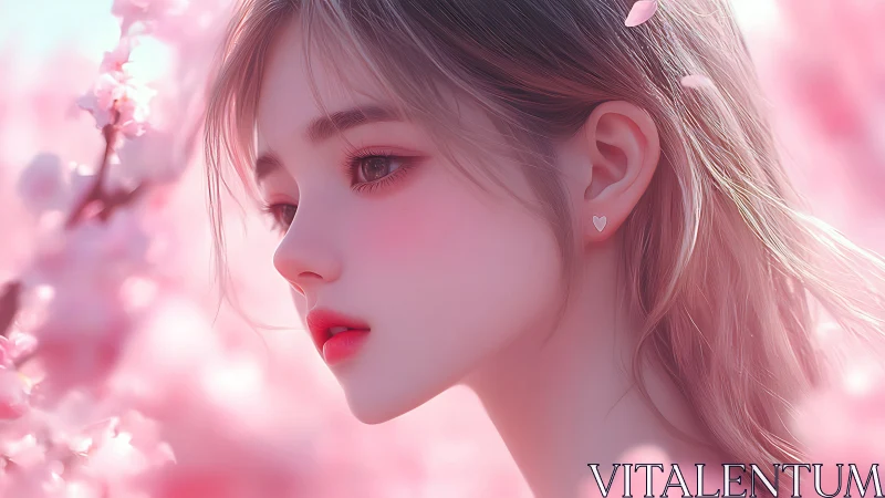 Side profile of young woman amid soft pink blossoms.