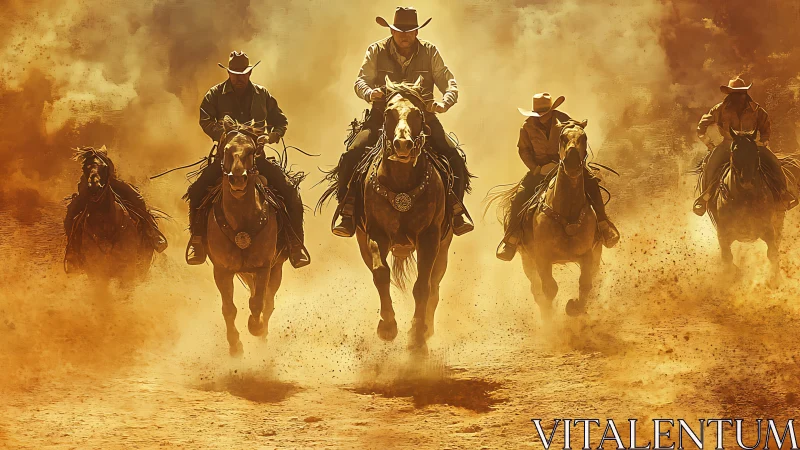 Cowboys on horseback charge forward through dense desert dust.