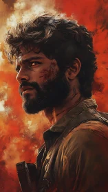 Battle-worn man against intense fiery background.