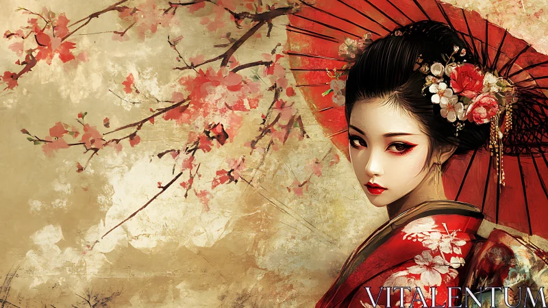 Digital portrait shows kimono figure with parasol and blossoms