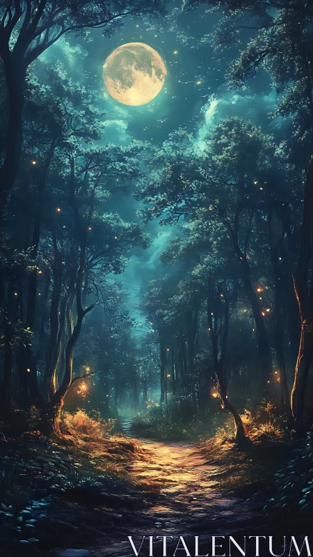 Moonlit Forest Path Through Glowing Woods.