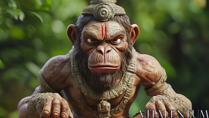 Jungle guardian monkey warrior glowers in sacred armor.