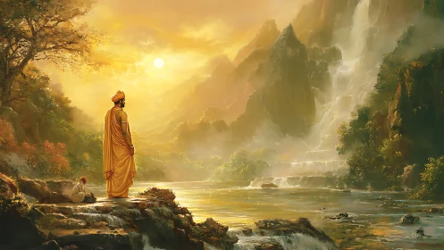 Monk studies cascading mountain waterfall under diffused golden light