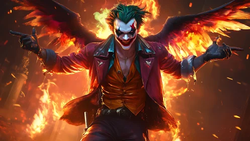 Winged clown figure stands before large structural fire