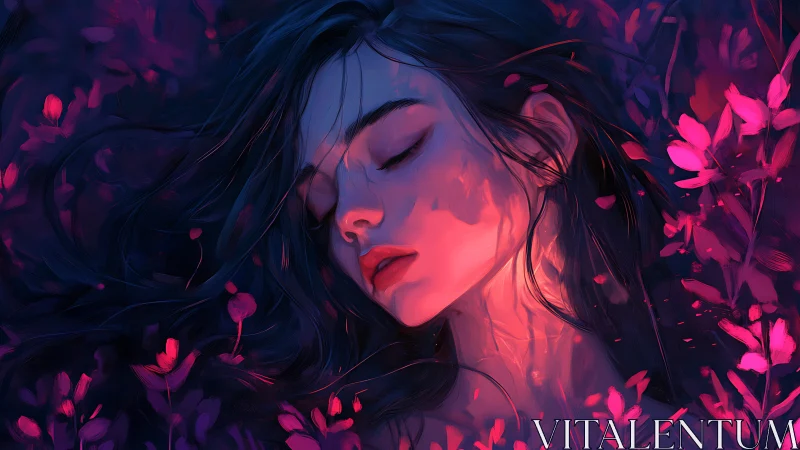 Female portrait with closed eyes in vivid floral lighting.
