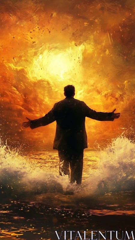 Solitary figure in suit facing luminous fiery sky over sea.