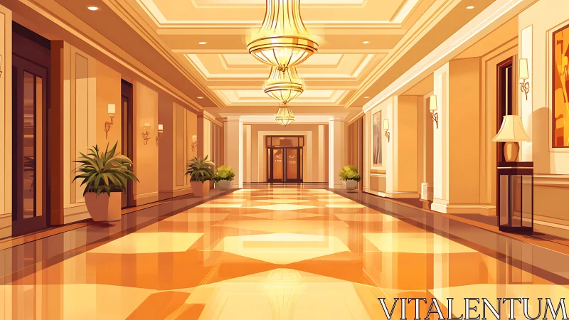 Luxury hotel corridor glows under warm chandelier light.