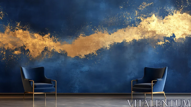 Elegant blue and gold abstract wall art with modern velvet chairs.
