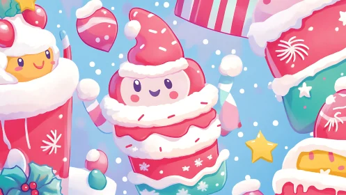 Marshmallow cup critters whirl in candy cane snowstorm.