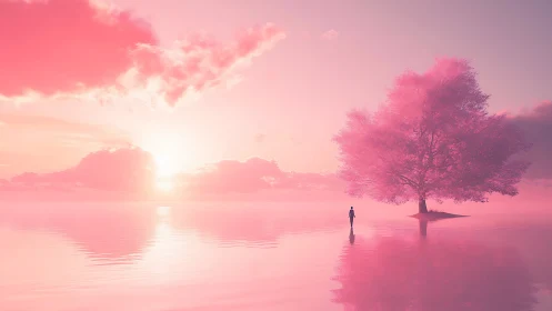 Solitary figure near pink tree in surreal pastel sunset seascape.