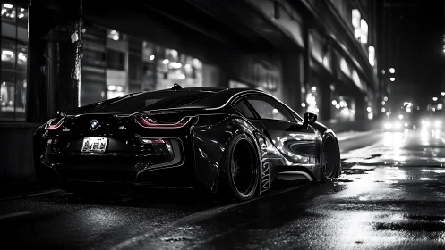 Futuristic BMW sports coupe rendered in cinematic noir lighting