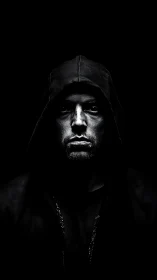 Hooded male portrait in high contrast monochrome lighting.