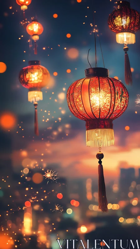 Red Chinese lanterns glowing over city at dusk sky.