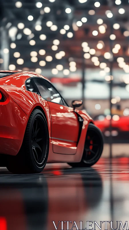 Sleek red sports car glowing under soft showroom lights.