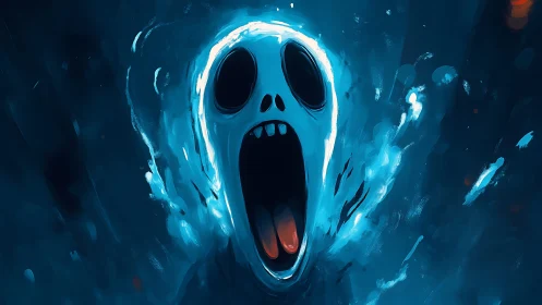 Ghostly blue scream face in swirling digital darkness.