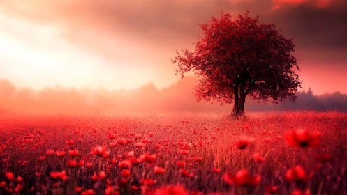 Solitary crimson tree rising over misty scarlet meadow.