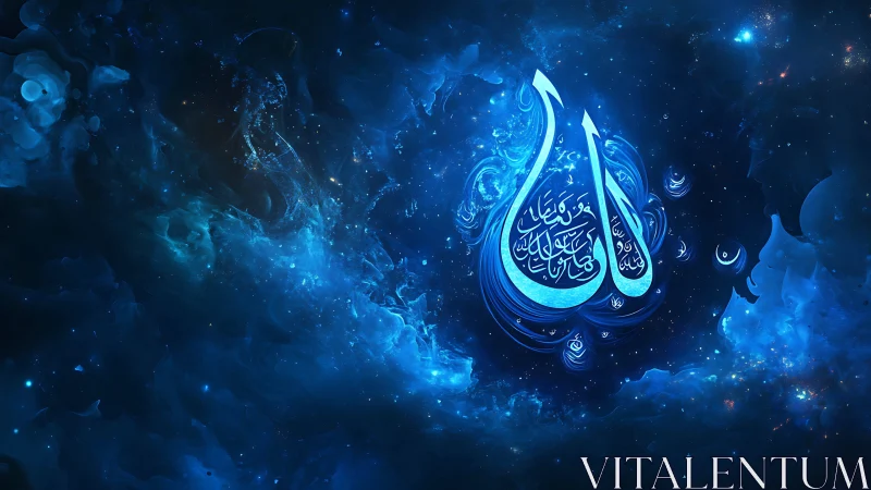 Luminous Arabic calligraphy rendered in blue nebula-like cosmic cloud