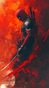 Red masked swordsman in fiery abstract digital blaze.